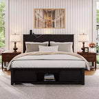 Okak Queen/Full Size Platform Bed Frame with Storage Cabinet & Charging Station,Farmhouse Wood Slats Design Master Bedroom Bed