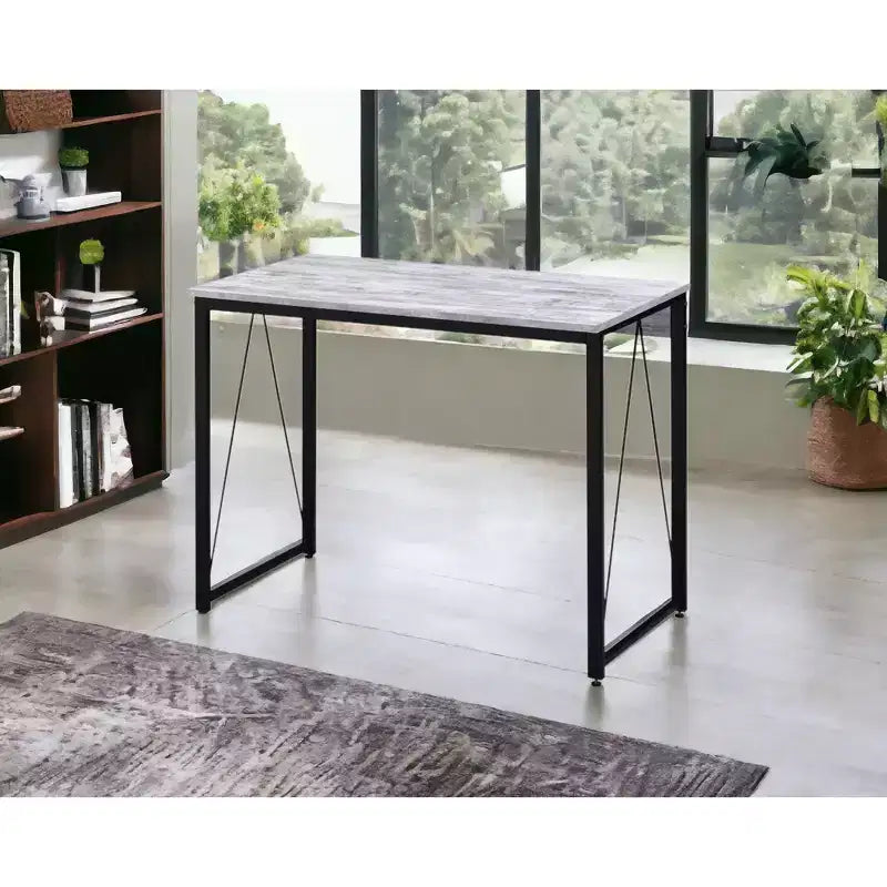 Okak 35IN Minimalism Computer Desk with Metal Frame, Writing Desk with Ample Legroom, Standing Desk for Office, Study, Reading Room, White+Black