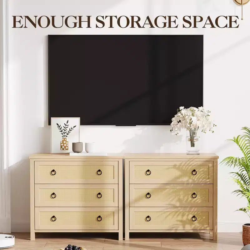 Commode en rotin de 47", commode en bois à 6/7 tiroirs, grande armoire de rangement et meuble TV