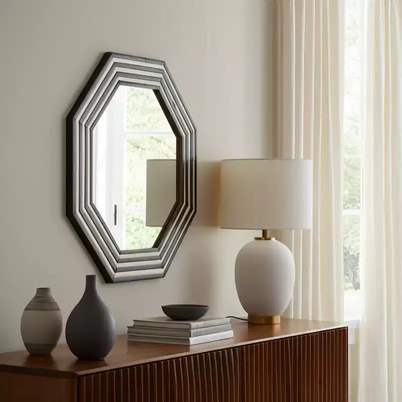 Modern Decorative Accent Mirror Resin Wood MDF Glass Octagonal Striped Frame 24 Black and White for Home Office Bedroom Living Room