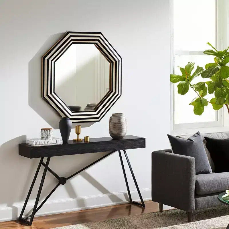 Miroir décoratif moderne avec cadre octogonal rayé en résine, bois et MDF, verre 24 po, noir et blanc, pour maison, bureau, chambre, salon