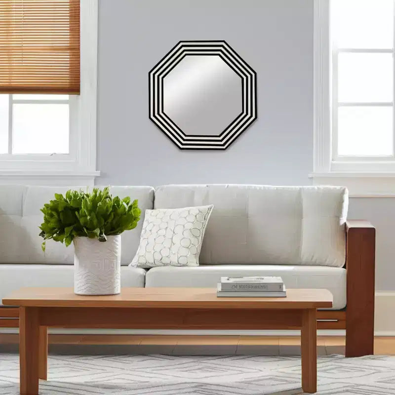 Miroir décoratif moderne avec cadre octogonal rayé en résine, bois et MDF, verre 24 po, noir et blanc, pour maison, bureau, chambre, salon