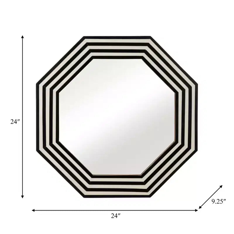 Miroir décoratif moderne avec cadre octogonal rayé en résine, bois et MDF, verre 24 po, noir et blanc, pour maison, bureau, chambre, salon