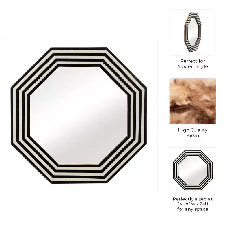 Miroir décoratif moderne avec cadre octogonal rayé en résine, bois et MDF, verre 24 po, noir et blanc, pour maison, bureau, chambre, salon