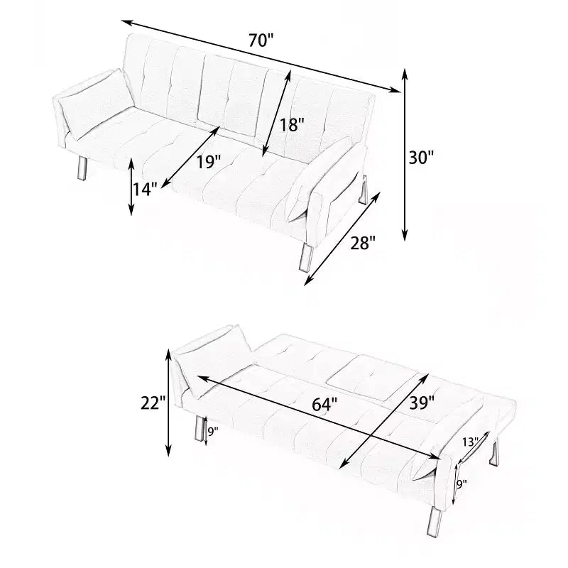 Canapé-lit multifonctionnel en coton de 70 pouces avec porte-gobelet et rangement latéral pour salon et chambre, vert