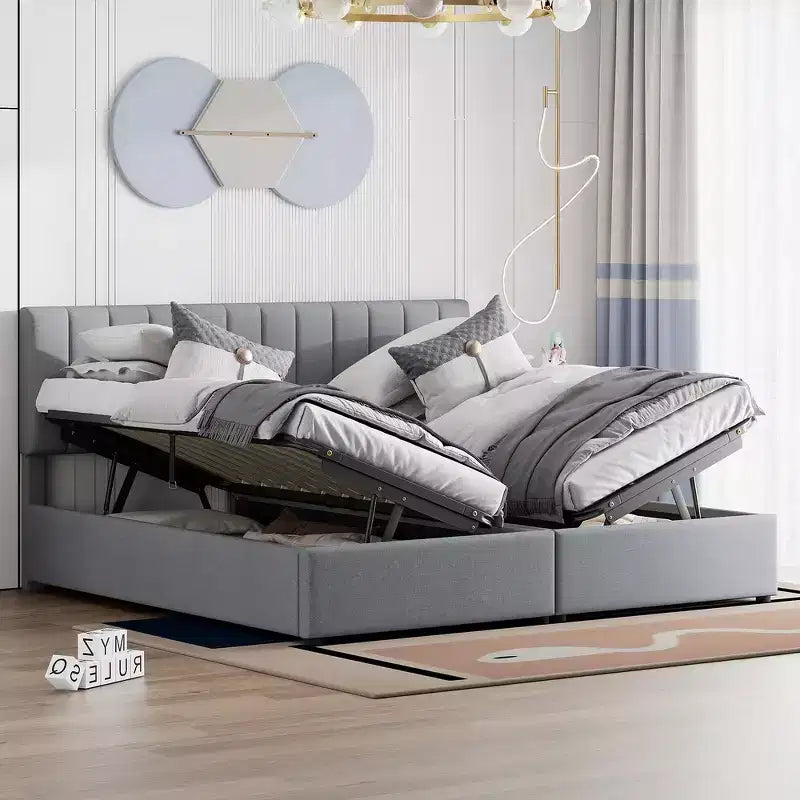 Lit plateforme capitonné King Size avec système de rangement sous le lit