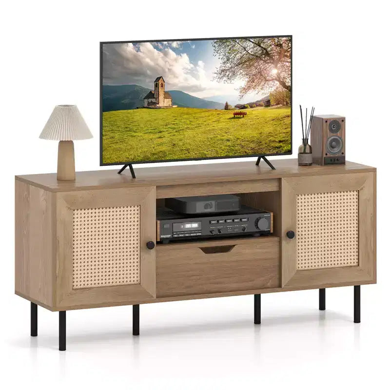 Costway Boho TV Stand for 60 Inch TV with Cabinets, Storage Shelf, Drawer, PE Rattan Doors