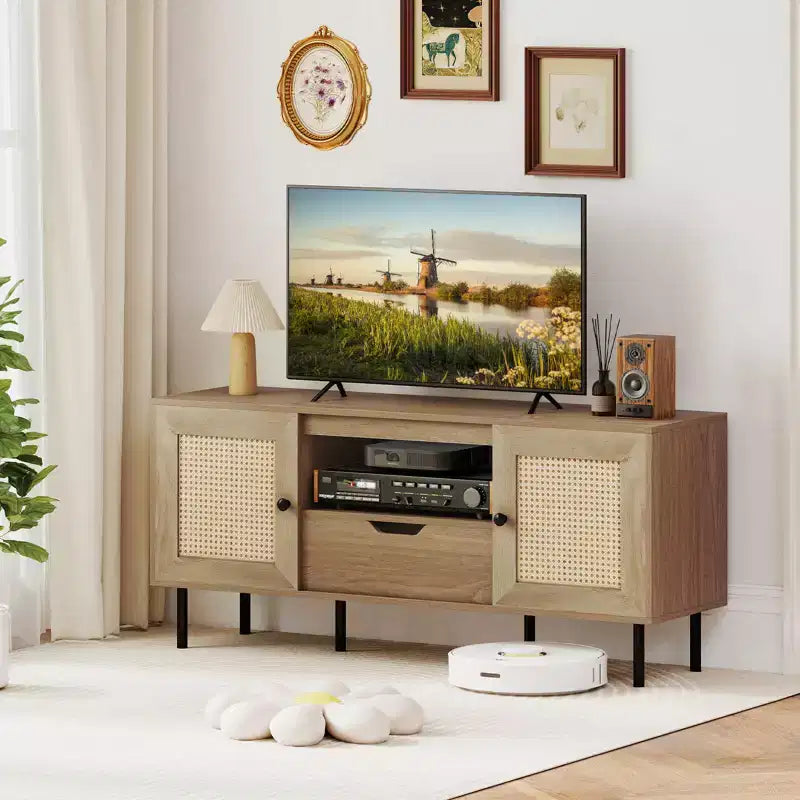 Meuble TV bohème pour téléviseur de 60 pouces avec placards, étagère de rangement, tiroir, portes en rotin PE