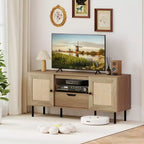 Meuble TV bohème pour téléviseur de 60 pouces avec placards, étagère de rangement, tiroir, portes en rotin PE