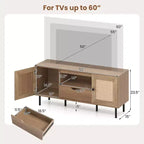 Meuble TV bohème pour téléviseur de 60 pouces avec placards, étagère de rangement, tiroir, portes en rotin PE