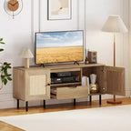 Meuble TV bohème pour téléviseur de 60 pouces avec placards, étagère de rangement, tiroir, portes en rotin PE