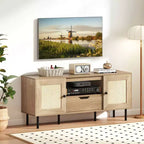 Meuble TV bohème pour téléviseur de 60 pouces avec placards, étagère de rangement, tiroir, portes en rotin PE