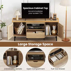Meuble TV bohème pour téléviseur de 60 pouces avec placards, étagère de rangement, tiroir, portes en rotin PE