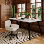 Chaise de bureau à domicile, fauteuil de coiffeuse en tissu rembourré avec roulettes, dossier mi-hauteur réglable pour salon, blanc