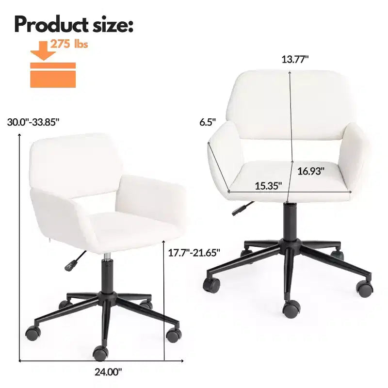 Chaise de bureau à domicile, fauteuil de coiffeuse en tissu rembourré avec roulettes, dossier mi-hauteur réglable pour salon, blanc