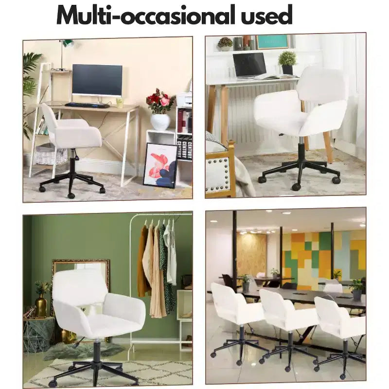 Chaise de bureau à domicile, fauteuil de coiffeuse en tissu rembourré avec roulettes, dossier mi-hauteur réglable pour salon, blanc