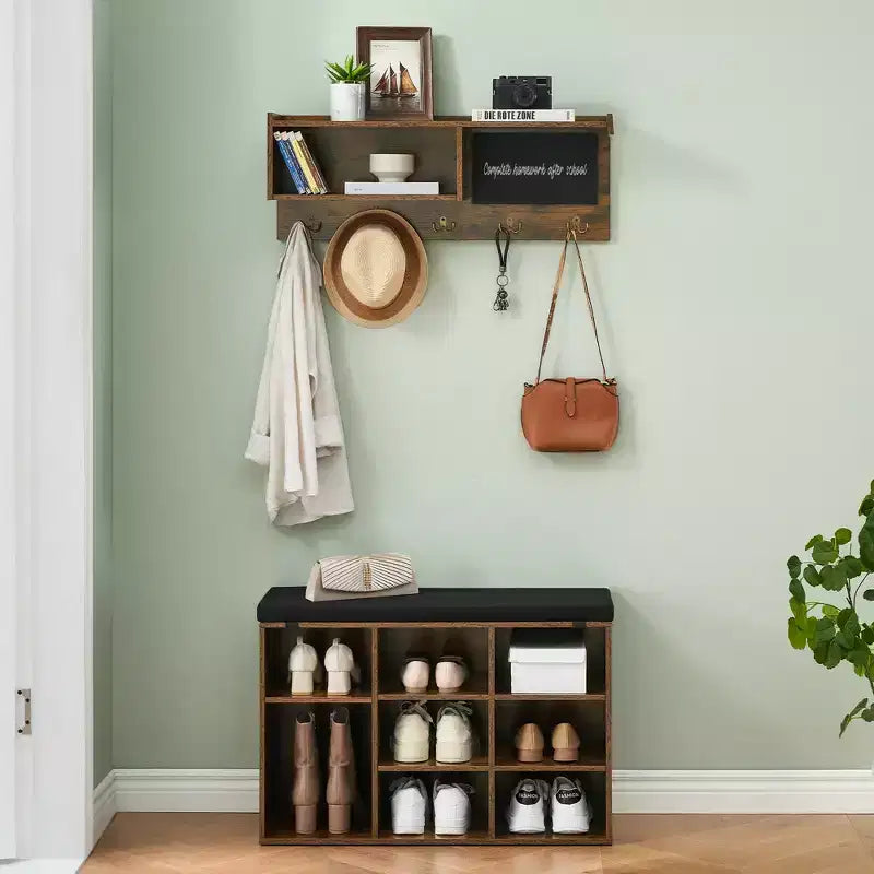 Versatile Entryway Storage Bench with Shoe Rack, Coat Hooks & Blackboard, Hall Tree Organizer for Hallway, Mudroom, Living Room