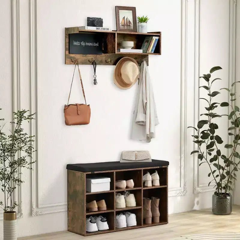 Banc de rangement polyvalent avec étagère à chaussures, patères et tableau noir, portemanteau pour couloir, vestiaire, salon