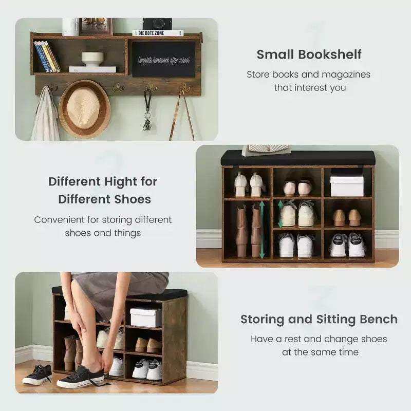 Banc de rangement polyvalent avec étagère à chaussures, patères et tableau noir, portemanteau pour couloir, vestiaire, salon