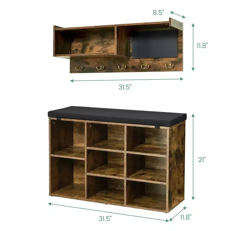 Banc de rangement polyvalent avec étagère à chaussures, patères et tableau noir, portemanteau pour couloir, vestiaire, salon
