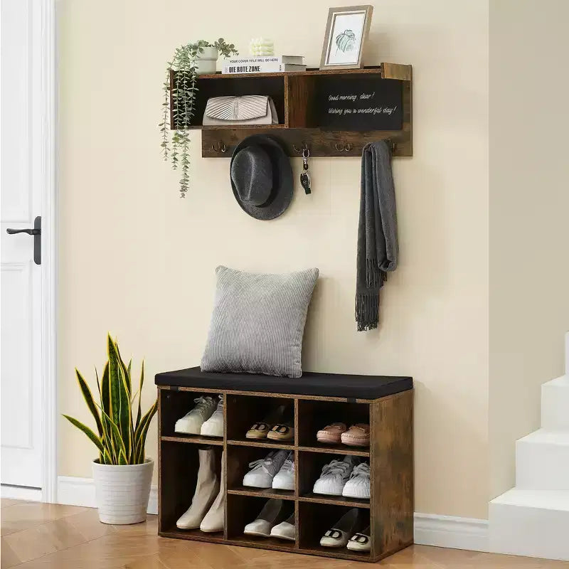 Banc de rangement polyvalent avec étagère à chaussures, patères et tableau noir, portemanteau pour couloir, vestiaire, salon
