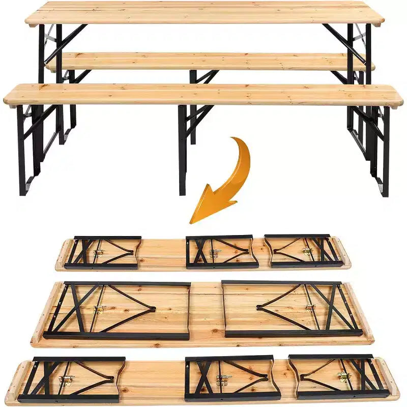 Table de pique-nique pliante de 1,8 m avec bancs, en bois résistant aux intempéries, table de camping avec poignées de transport