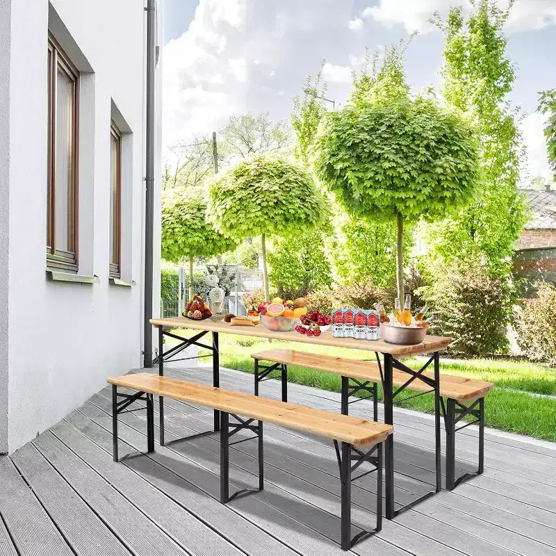 Table de pique-nique pliante de 1,8 m avec bancs, en bois résistant aux intempéries, table de camping avec poignées de transport