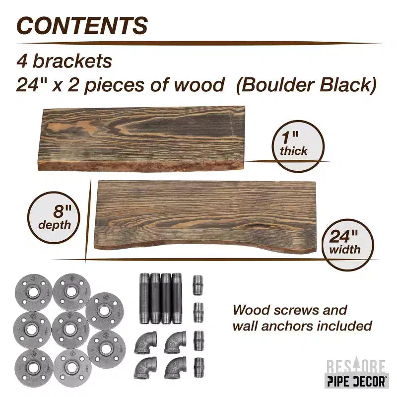 Étagère en bois à bord brut de 24 po avec supports de tuyauterie en L (paquet de 2)