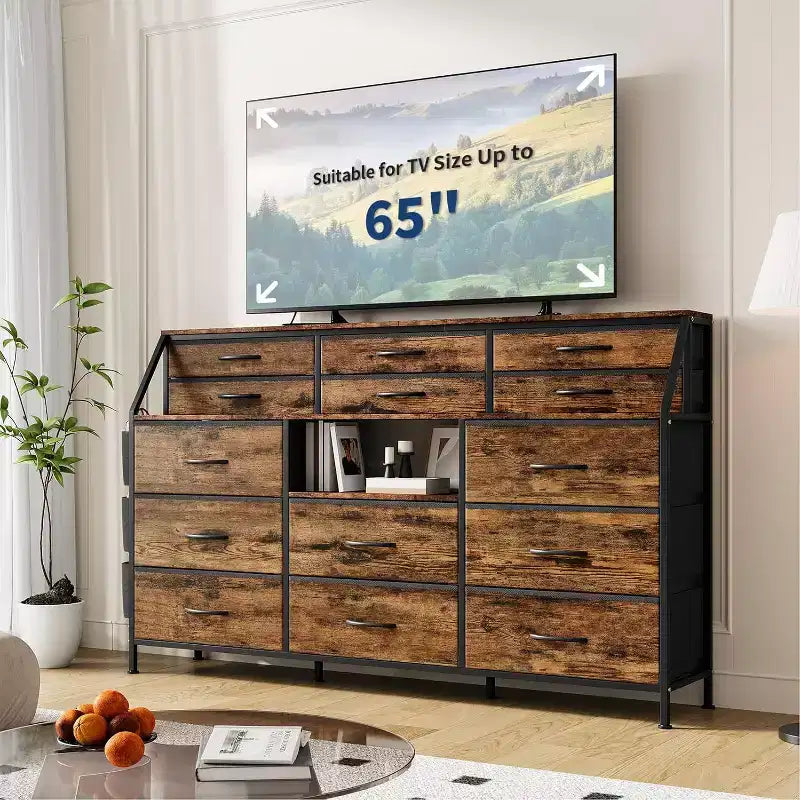 Meuble de rangement, commode de chambre, 140 cm avec poches latérales, cadre en métal et dessus en bois, étagères ouvertes avec 14 tiroirs pour chambre à coucher, salon