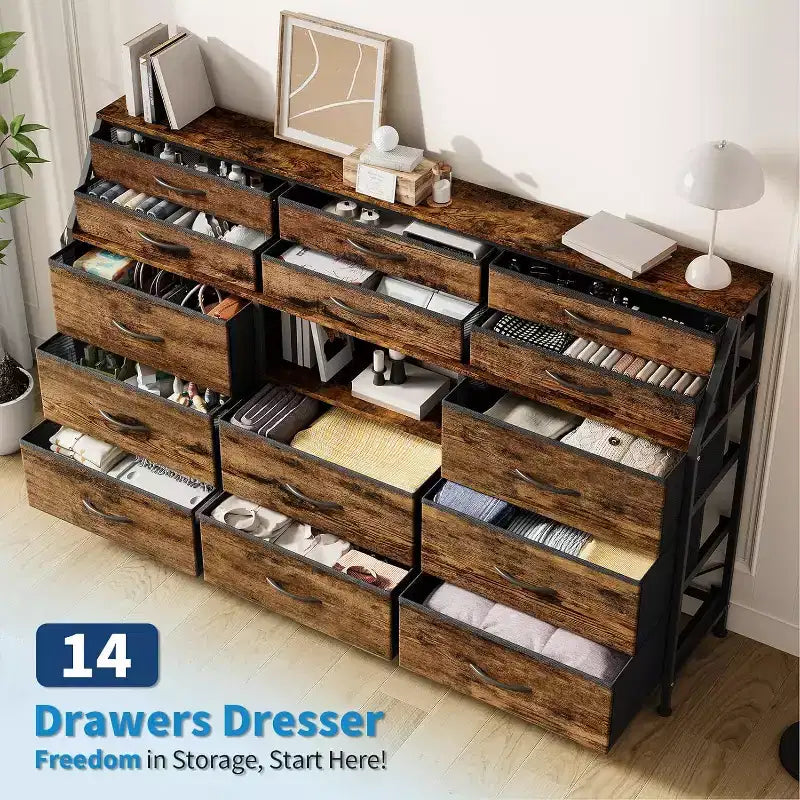 Meuble de rangement, commode de chambre, 140 cm avec poches latérales, cadre en métal et dessus en bois, étagères ouvertes avec 14 tiroirs pour chambre à coucher, salon