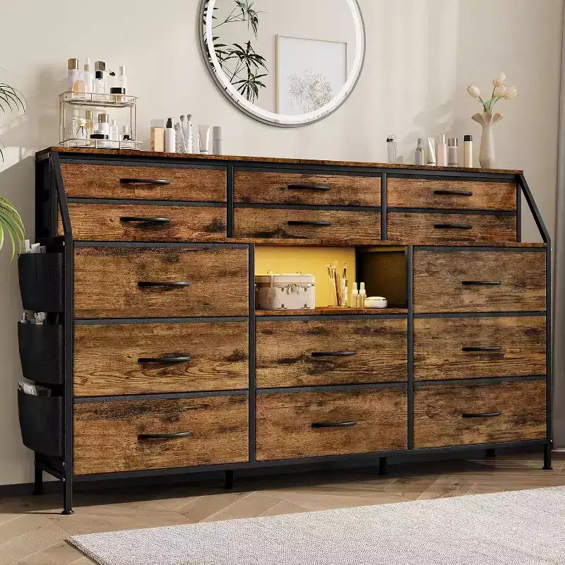 Meuble de rangement, commode de chambre, 140 cm avec poches latérales, cadre en métal et dessus en bois, étagères ouvertes avec 14 tiroirs pour chambre à coucher, salon