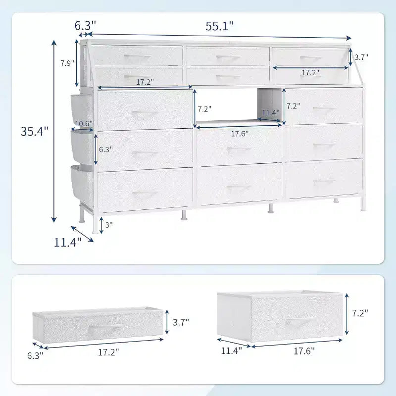 Meuble de rangement, commode de chambre, 140 cm avec poches latérales, cadre en métal et dessus en bois, étagères ouvertes avec 14 tiroirs pour chambre à coucher, salon