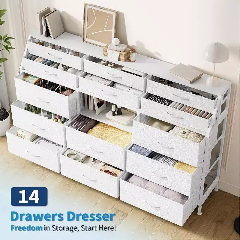 Meuble de rangement, commode de chambre, 140 cm avec poches latérales, cadre en métal et dessus en bois, étagères ouvertes avec 14 tiroirs pour chambre à coucher, salon