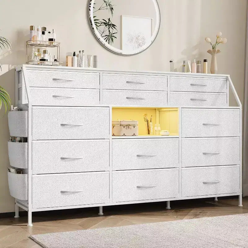 Meuble de rangement, commode de chambre, 140 cm avec poches latérales, cadre en métal et dessus en bois, étagères ouvertes avec 14 tiroirs pour chambre à coucher, salon