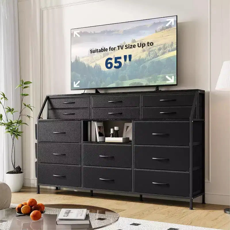 Meuble de rangement, commode de chambre, 140 cm avec poches latérales, cadre en métal et dessus en bois, étagères ouvertes avec 14 tiroirs pour chambre à coucher, salon
