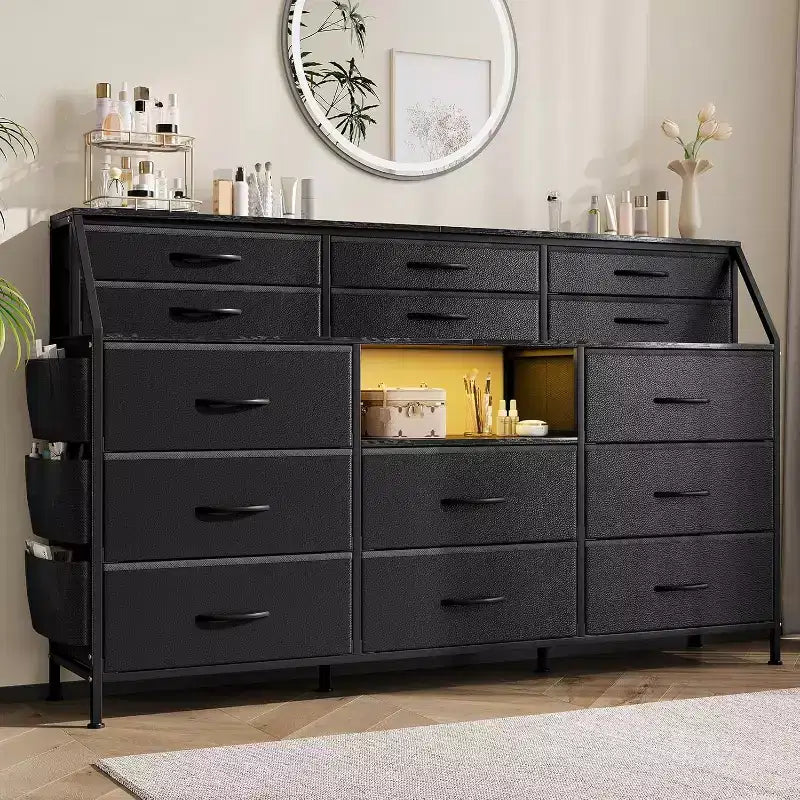 Meuble de rangement, commode de chambre, 140 cm avec poches latérales, cadre en métal et dessus en bois, étagères ouvertes avec 14 tiroirs pour chambre à coucher, salon