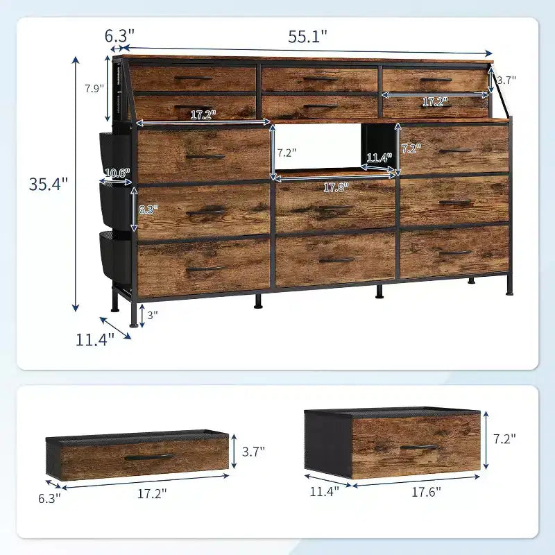 Meuble de rangement, commode de chambre, 140 cm avec poches latérales, cadre en métal et dessus en bois, étagères ouvertes avec 14 tiroirs pour chambre à coucher, salon