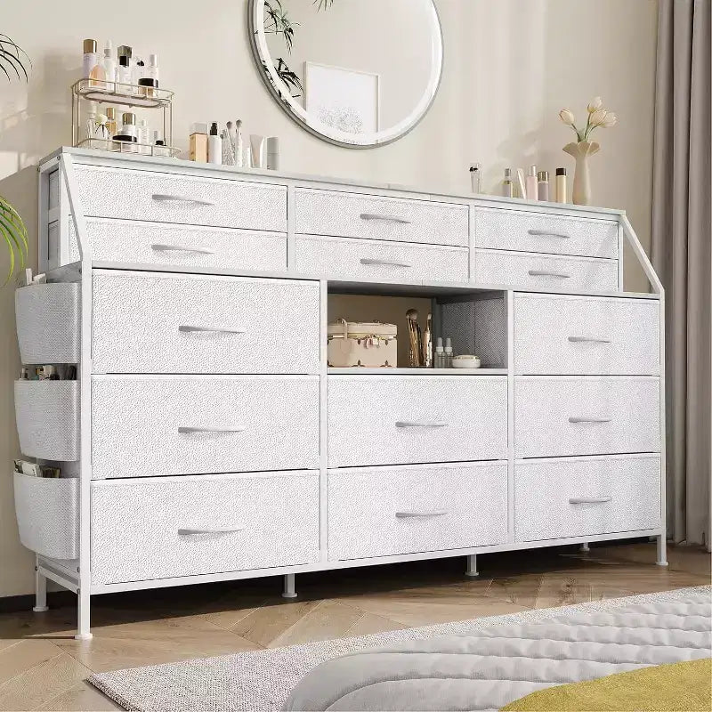 Meuble de rangement, commode de chambre, 140 cm avec poches latérales, cadre en métal et dessus en bois, étagères ouvertes avec 14 tiroirs pour chambre à coucher, salon