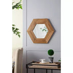Miroir mural hexagonal 18,5 x 18,5 avec cadre en bois de teck naturel, décoration murale pour salon, salle de bain, couloir