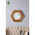 Miroir mural hexagonal 18,5 x 18,5 avec cadre en bois de teck naturel, décoration murale pour salon, salle de bain, couloir