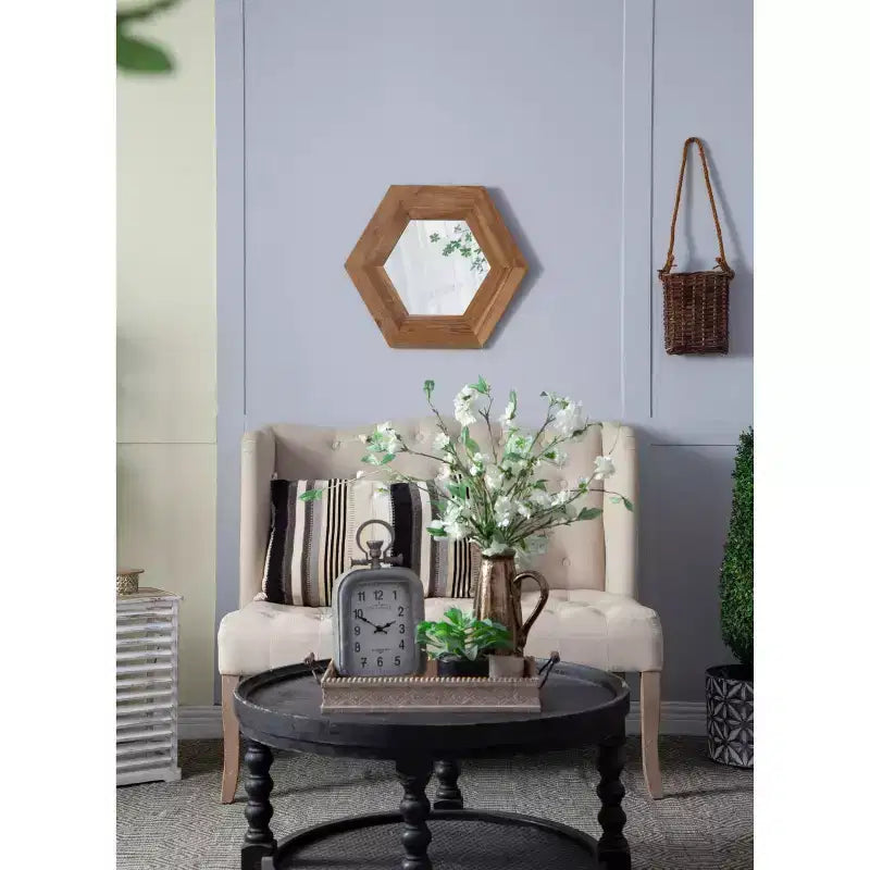 Miroir mural hexagonal 18,5 x 18,5 avec cadre en bois de teck naturel, décoration murale pour salon, salle de bain, couloir