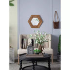 Miroir mural hexagonal 18,5 x 18,5 avec cadre en bois de teck naturel, décoration murale pour salon, salle de bain, couloir