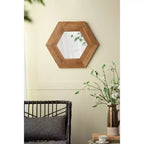 Miroir mural hexagonal 18,5 x 18,5 avec cadre en bois de teck naturel, décoration murale pour salon, salle de bain, couloir