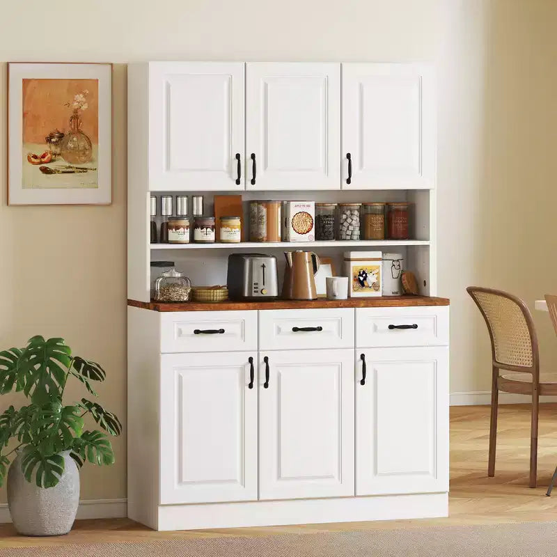 Meuble de cuisine autoportant de 180 cm de style fermette avec large comptoir micro-ondes à 2 niveaux, 3 tiroirs, 6 portes à fermeture douce