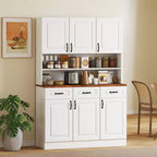 Meuble de cuisine autoportant de 180 cm de style fermette avec large comptoir micro-ondes à 2 niveaux, 3 tiroirs, 6 portes à fermeture douce