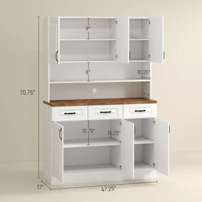 Meuble de cuisine autoportant de 180 cm de style fermette avec large comptoir micro-ondes à 2 niveaux, 3 tiroirs, 6 portes à fermeture douce