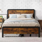 Cadre de lit Queen Size avec tête de lit en bois, sommier plateforme en métal avec rangement sous le lit, support à lattes métalliques, pas besoin de sommier tapissier, silencieux