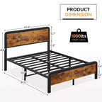 Cadre de lit Queen Size avec tête de lit en bois, sommier plateforme en métal avec rangement sous le lit, support à lattes métalliques, pas besoin de sommier tapissier, silencieux