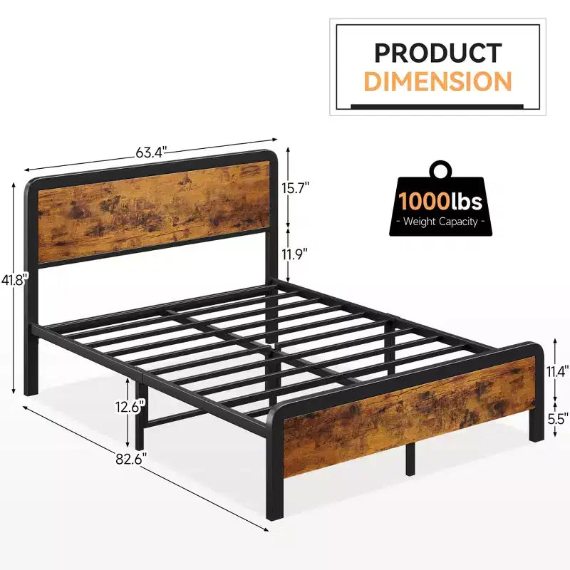 Cadre de lit Queen Size avec tête de lit en bois, sommier plateforme en métal avec rangement sous le lit, support à lattes métalliques, pas besoin de sommier tapissier, silencieux