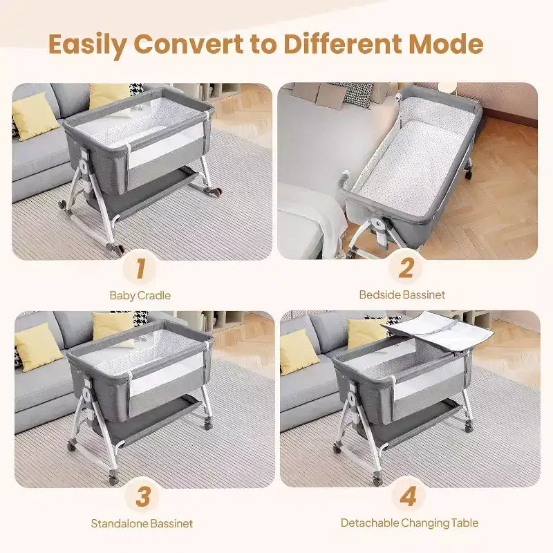 Moïse avec table à langer, moïse de chevet avec matelas confortable et roulettes, 6 réglages de hauteur, facile à plier